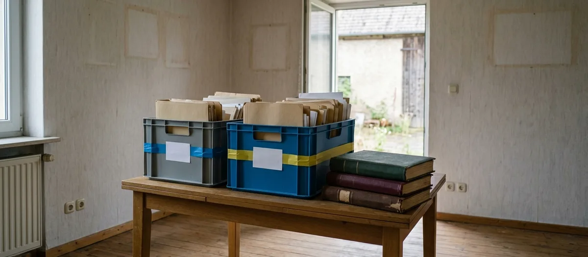 Gekennzeichnete Kisten mit Unterlagen stehen auf einem Tisch in einem geräumten Zimmer, im Hintergrund eine offene Tür zum leeren Hof