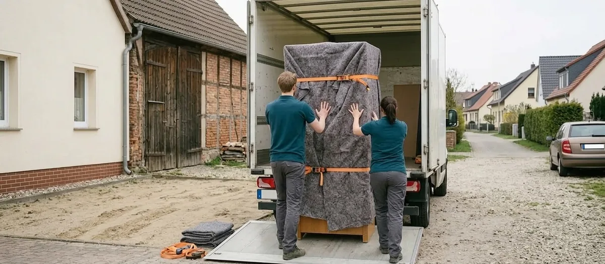 Ein in Decken gewickelter Schrank wird über eine ausgeklappte Ladebordwand in einen Möbelwagen geschoben, im Hintergrund eine offene Hofeinfahrt