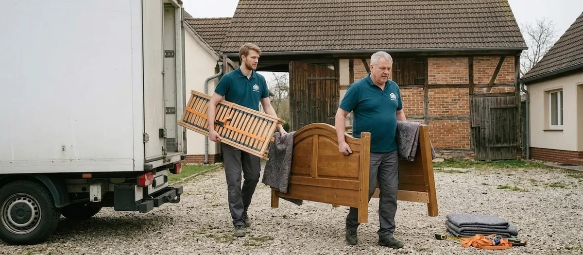 Zwei Kräfte tragen Lattenrost und Kopfteil eines zerlegten Bettes über einen Kiesplatz zum wartenden Möbelwagen, dahinter die Scheune einer alten Hofanlage