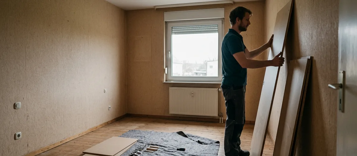Helfer setzt in einem leeren Zimmer die Seitenwand eines zerlegten Kleiderschranks auf, daneben liegen Beschläge auf einer Decke