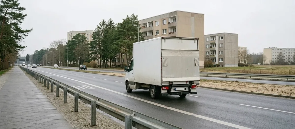 Beladener Möbelwagen auf einer vierspurigen Ausfallstraße am Stadtrand, im Hintergrund Wohnblocks