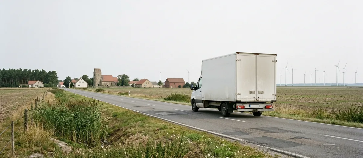 Möbelwagen auf einer Landstraße am Küstenhinterland, im Hintergrund Windräder und ein weiter Himmel