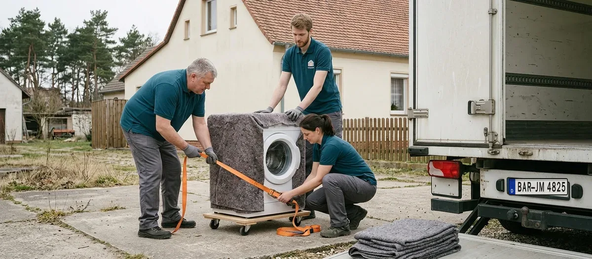 Eine Waschmaschine steht auf einem Rollbrett und wird von drei Kräften in Arbeitskleidung verzurrt, daneben die geöffnete Hecktür eines Transporters